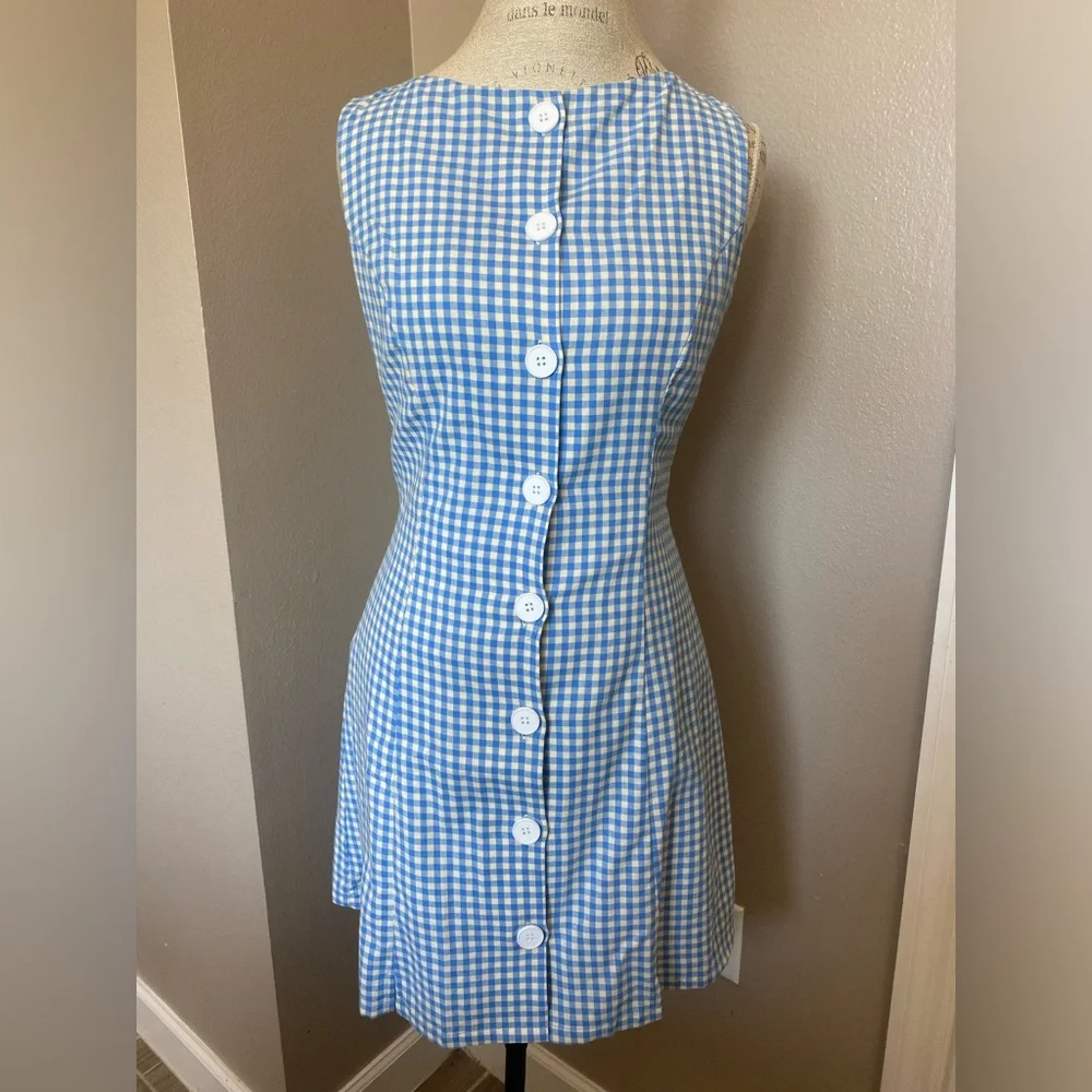 Blue and White Boat Neck Gingham Mini Dress - Picture 2 of 4